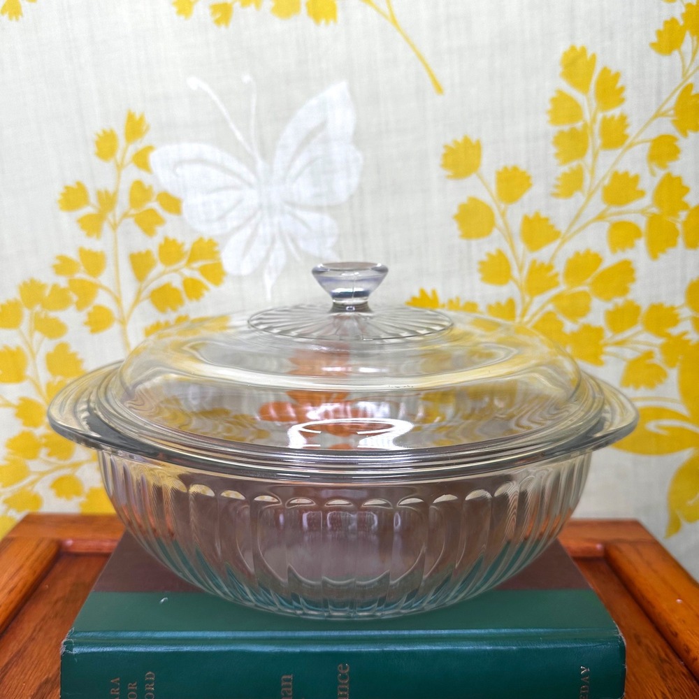 Vintage Pyrex Clear Glass 2 Qt Round Casserole Dish with Lid 024-S 624-C Ribbed